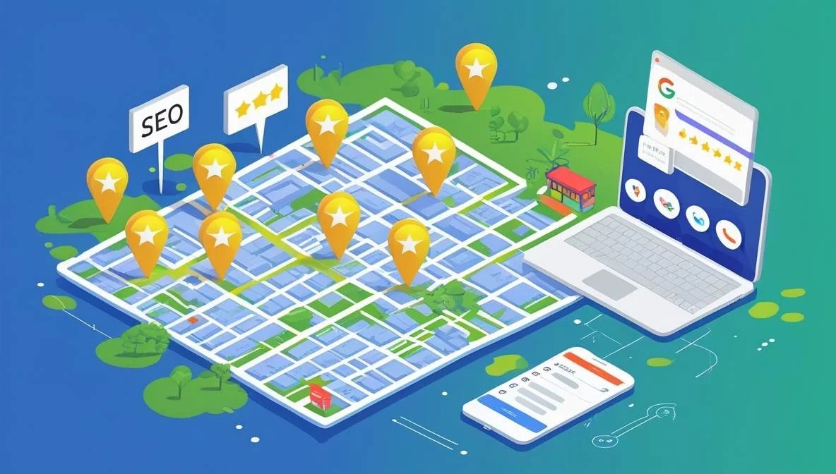 City map illustration showing how local SEO backlinks connect websites across a region