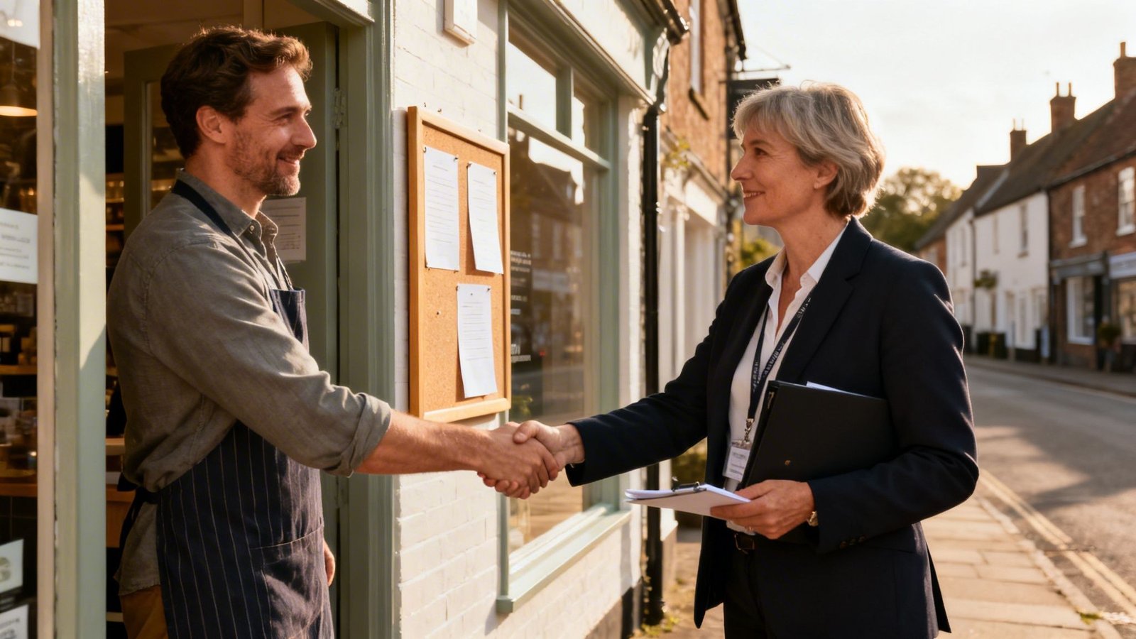 Two local business owners shaking hands — partnerships that earn local SEO backlinks